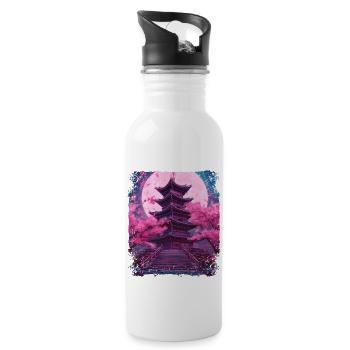 Cherry Blossom Sakura Tree in a Temple Vaporwave - Water bottle with straw - white - Right