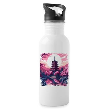 Arbre Sakura en fleurs de cerisier dans un temple Vaporwave - Gourde avec paille intégrée - blanc - Droite