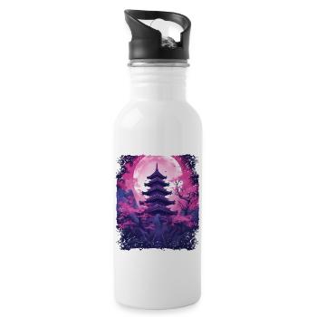 Arbre Sakura Vaporwave en fleurs de cerisier dans un temple - Gourde avec paille intégrée - blanc - Droite