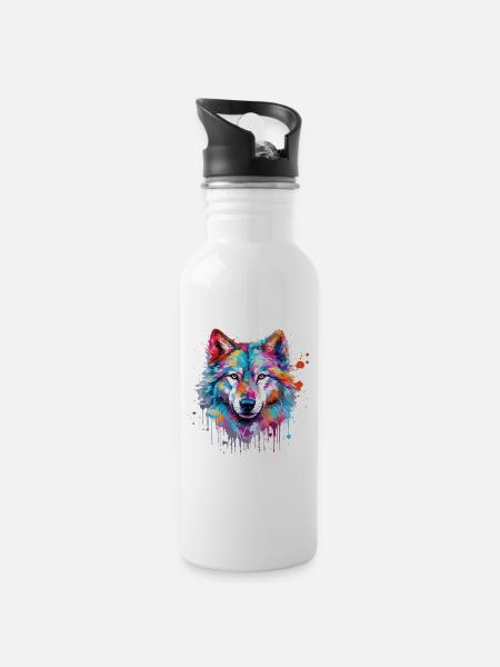 Wolf Wolfskopf Natur Wildnis Aquarell Bunt Kunst - Trinkflasche mit integriertem Trinkhalm - Weiß