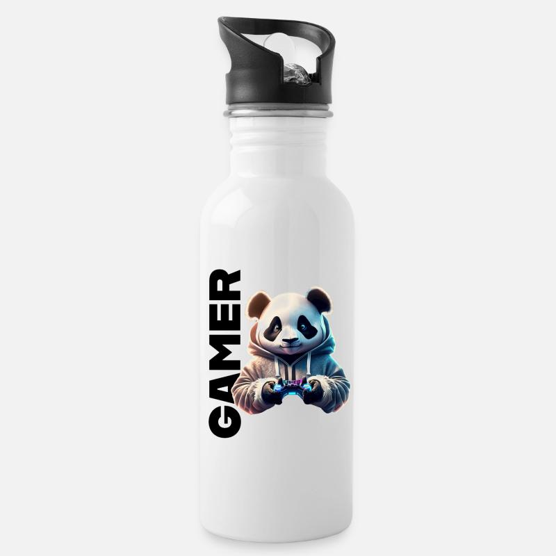 Gamer Schriftzug mit coolem Panda - Trinkflasche mit integriertem Trinkhalm - Weiß