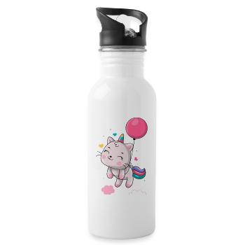 Einhorn schwebt mit Ballon - Trinkflasche mit integriertem Trinkhalm - Weiß - Rechts
