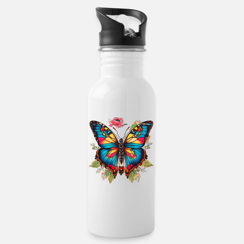 Tatouage papillon - Gourde avec paille intégrée - blanc
