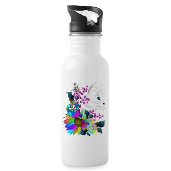weiße Katze in bunten Fantasie Blumen - Trinkflasche mit integriertem Trinkhalm - Weiß - Rechts