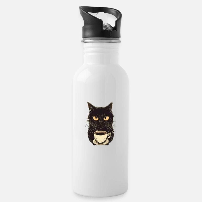 Schwarze Katze mit Kaffee - Trinkflasche mit integriertem Trinkhalm - Weiß