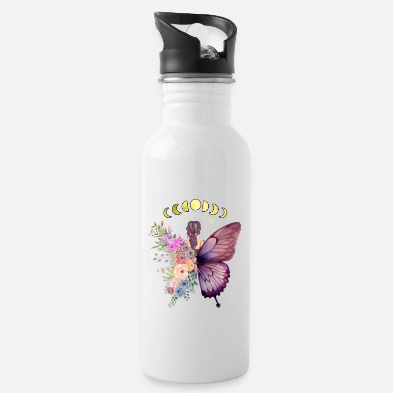 Femme et papillon, Fleurs, Changement, Belle - Gourde avec paille intégrée - blanc