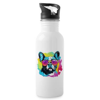 Bunte französische Bulldogge mit Sonnenbrille - Trinkflasche mit integriertem Trinkhalm - Weiß - Rechts