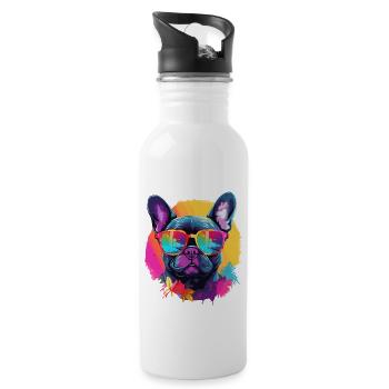 Bouledogue français coloré portant des lunettes de soleil - Gourde avec paille intégrée - blanc - Droite