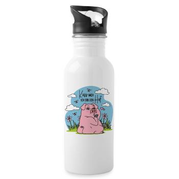 Bauernhof Bauer Schwein Küss mich Ich erb den Hof - Trinkflasche mit integriertem Trinkhalm - Weiß - Rechts