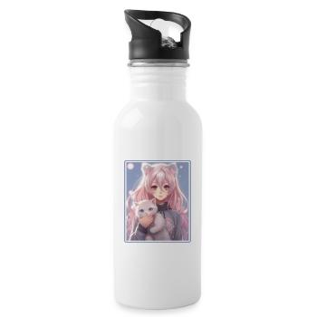 Kawaii Girl Anime Manga Girl Cat - Water bottle with straw - white - Right