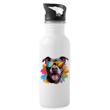 Colorful Pitbull Wearing Sunglasses Dog Lover - Water bottle with straw - white - Right