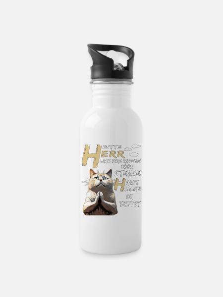 KATZE BETET HERR LASS HIRN REGNEN ODER STEINE - Trinkflasche mit integriertem Trinkhalm - Weiß