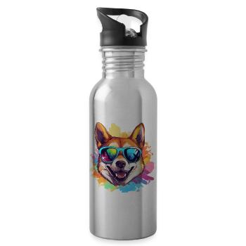 Colorful Akita Wearing Sunglasses Dog Lover - Water bottle with straw - silver - Right