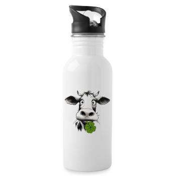Funny cow with a shamrock brings good luck and fun - Water bottle with straw - white - Right