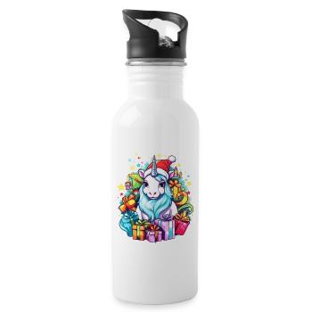 Regenbogen Weihnachten Einhorn - Buntes Einhorn Chris - Trinkflasche mit integriertem Trinkhalm - Weiß - Rechts