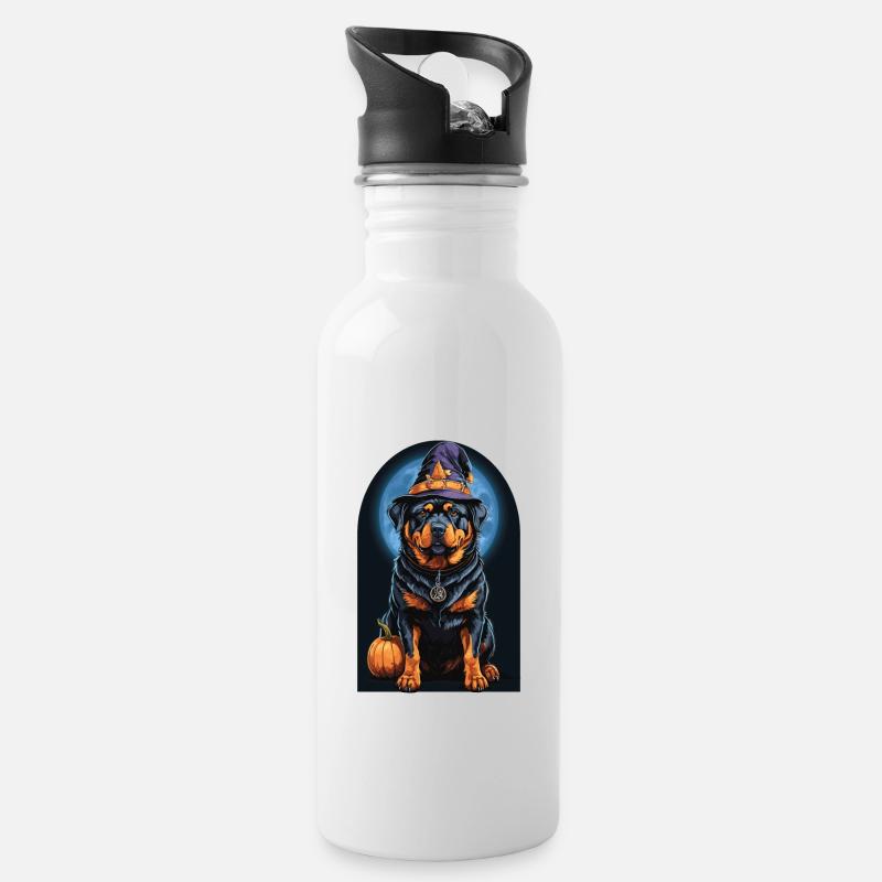 Rottweiler With Witch Hat Halloween Rottweiler - Trinkflasche mit integriertem Trinkhalm - Weiß
