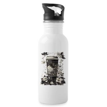 Ukiyo-E style coffee and cherry blossom retro design - Water bottle with straw - white - Right