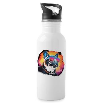 80er 90er Synthwave French Bulldog - Trinkflasche mit integriertem Trinkhalm - Weiß - Rechts