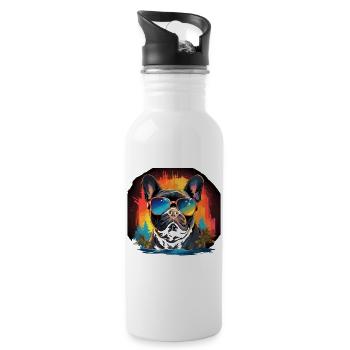 80er 90er Synthwave French Bulldog - Trinkflasche mit integriertem Trinkhalm - Weiß - Rechts