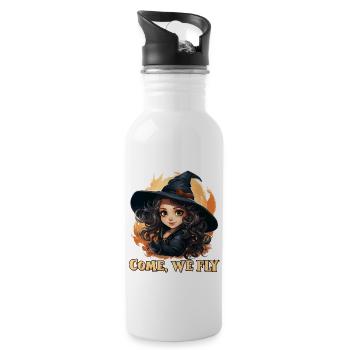 Lustige kleine Hexe mit Spruch; Come we fly - Trinkflasche mit integriertem Trinkhalm - Weiß - Rechts