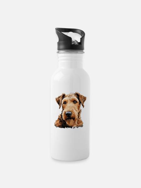 Hund Airedale Terrier - Trinkflasche mit integriertem Trinkhalm - Weiß