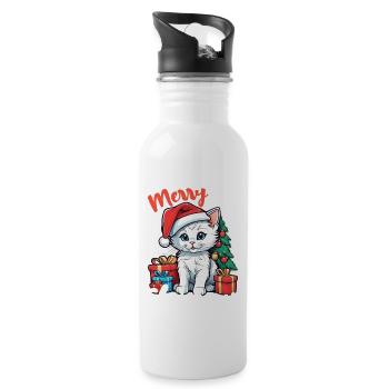 Weihnachtskatze - Frohe Weihnachten - Trinkflasche mit integriertem Trinkhalm - Weiß - Rechts