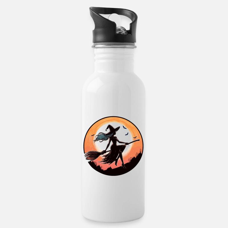Witch on a broom - Water bottle with straw - white
