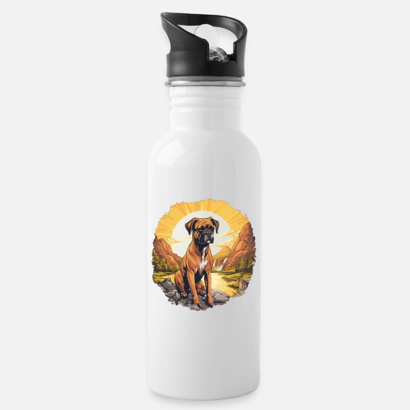 Hund Boxer - Trinkflasche mit integriertem Trinkhalm - Weiß