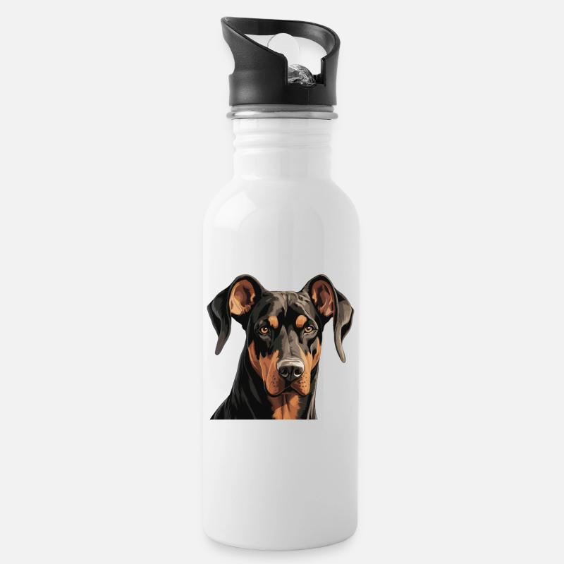 Hund Dobermann - Trinkflasche mit integriertem Trinkhalm - Weiß