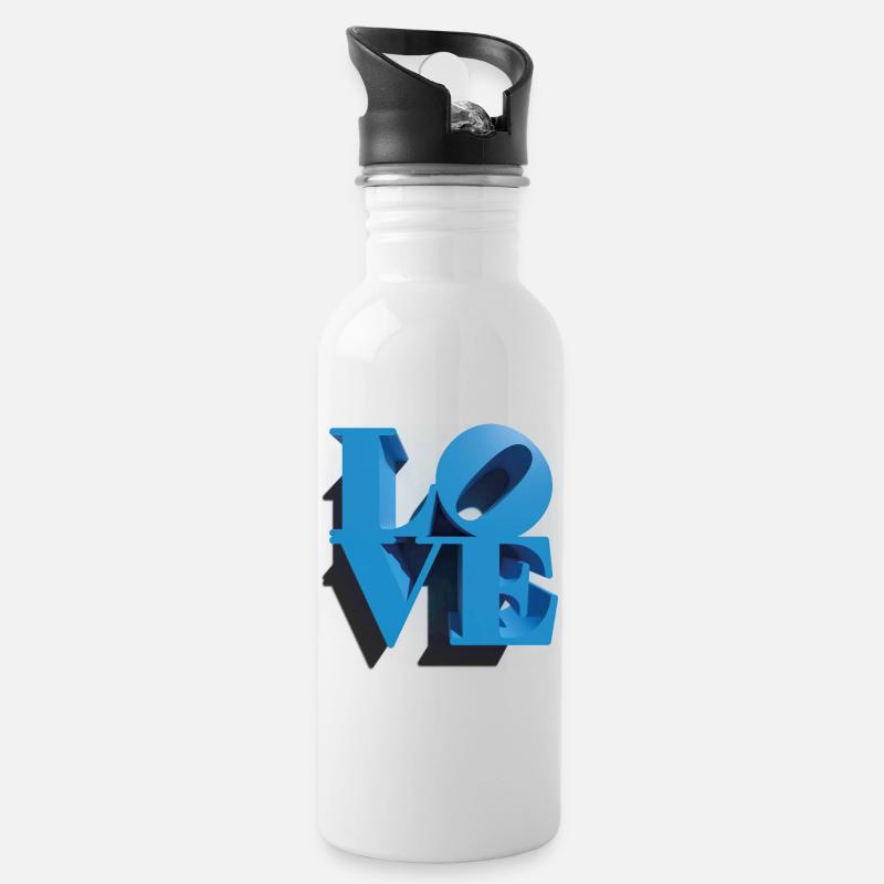 LIEBE 3D Cyan - Trinkflasche mit integriertem Trinkhalm - Weiß