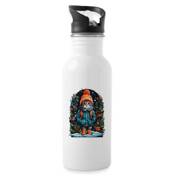 Shorthair cat with winter hat happy - Water bottle with straw - white - Right