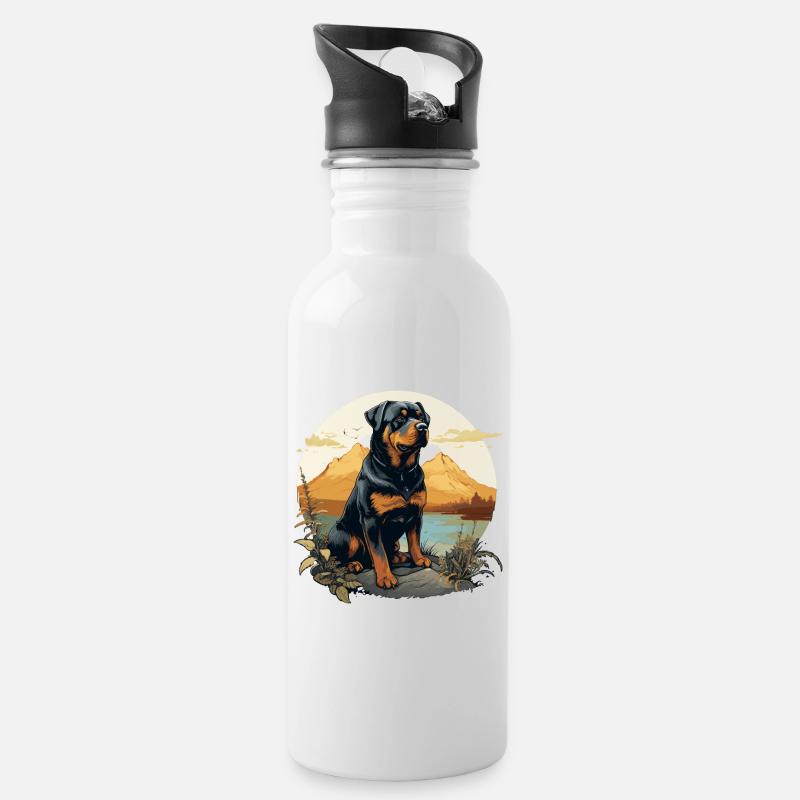 Rottweiler - Trinkflasche mit integriertem Trinkhalm - Weiß