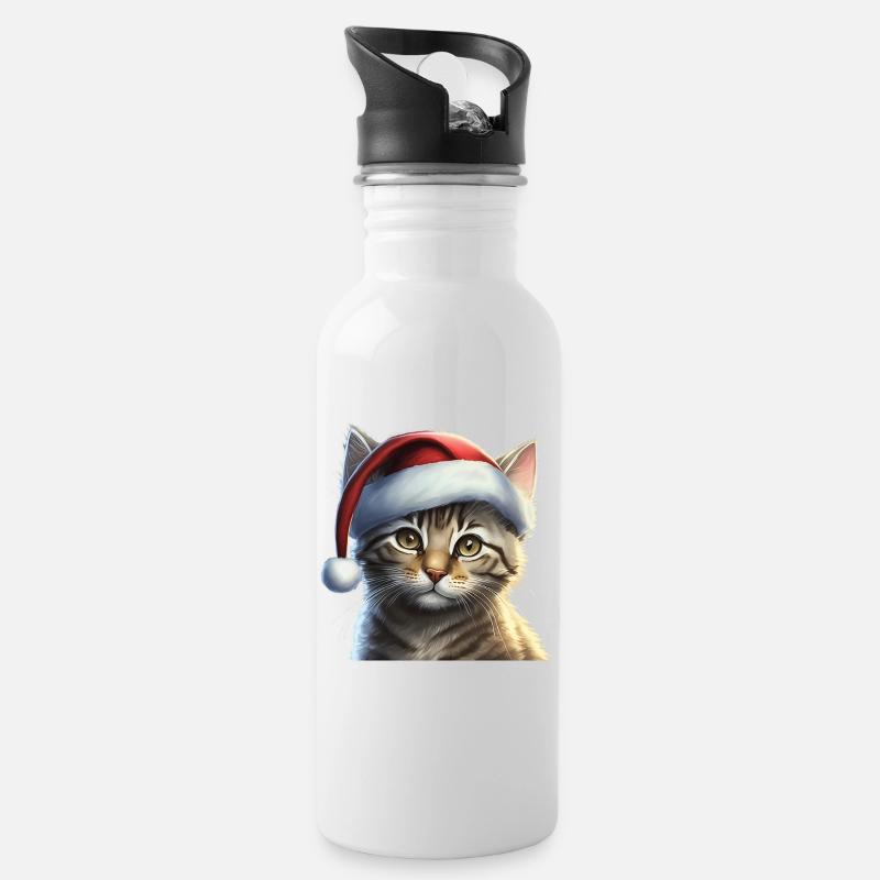 Kätzchen mit Weihnachtsmütze - Trinkflasche mit integriertem Trinkhalm - Weiß
