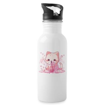 Kawaii Katze trinkt Boba Bubble Tea Chibi - Trinkflasche mit integriertem Trinkhalm - Weiß - Rechts