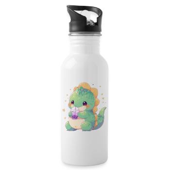 Kawaii Dinosaur Drinks Boba Bubble Tea Chibi - Water bottle with straw - white - Right