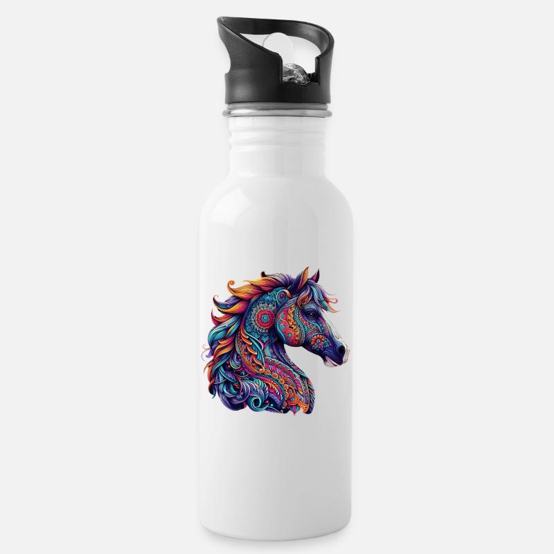 Cheval décoré de Mandalas - Gourde avec paille intégrée - blanc