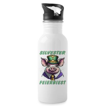 Schwein SILVESTER FEIERBIEST - Trinkflasche mit integriertem Trinkhalm - Weiß - Rechts