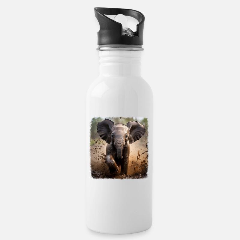 Elefanten realistic Elefant - Trinkflasche mit integriertem Trinkhalm - Weiß