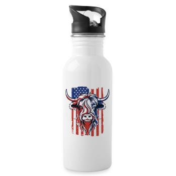 American Flag Highland Cow Scottish Cattle - Water bottle with straw - white - Right