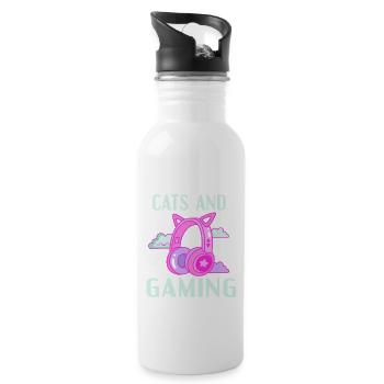 Cats and Gaming: Katzenohren Kopfhörer Design - Trinkflasche mit integriertem Trinkhalm - Weiß - Rechts