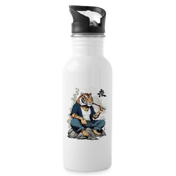 Japanischer rauchender Tiger Streetwear Kunststil - Trinkflasche mit integriertem Trinkhalm - Weiß - Rechts