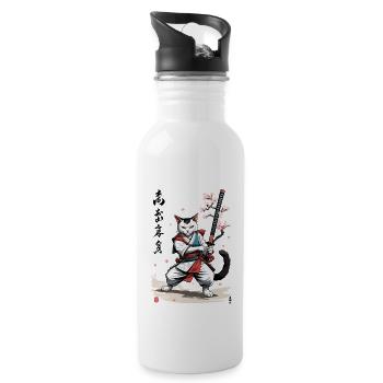 Samurai Cat with Katana Cherry Blossoms Vintage Style - Water bottle with straw - white - Right