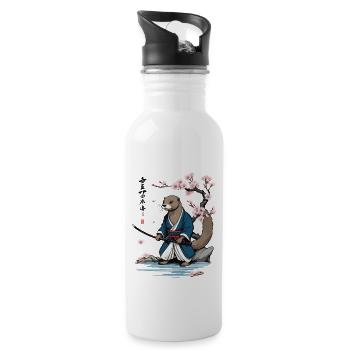 Cute Samurai Otter Cherry Blossom Ukiyo-E Design - Water bottle with straw - white - Right