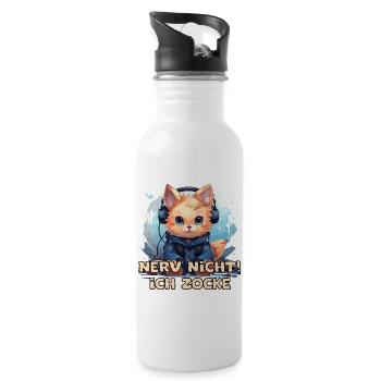 Lustige Katze mit Kopfhörer beim Zocken mit Spruch - Trinkflasche mit integriertem Trinkhalm - Weiß - Rechts