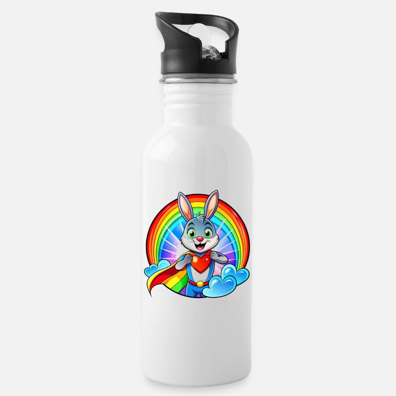 Superhelden Hase - Trinkflasche mit integriertem Trinkhalm - Weiß