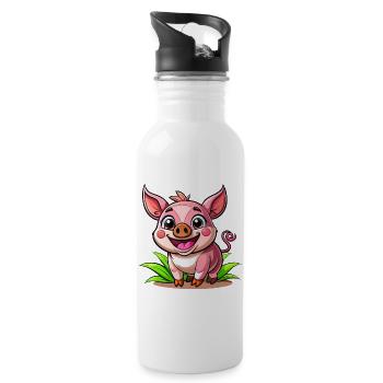 Fröhliches Schweinchen - Trinkflasche mit integriertem Trinkhalm - Weiß - Rechts