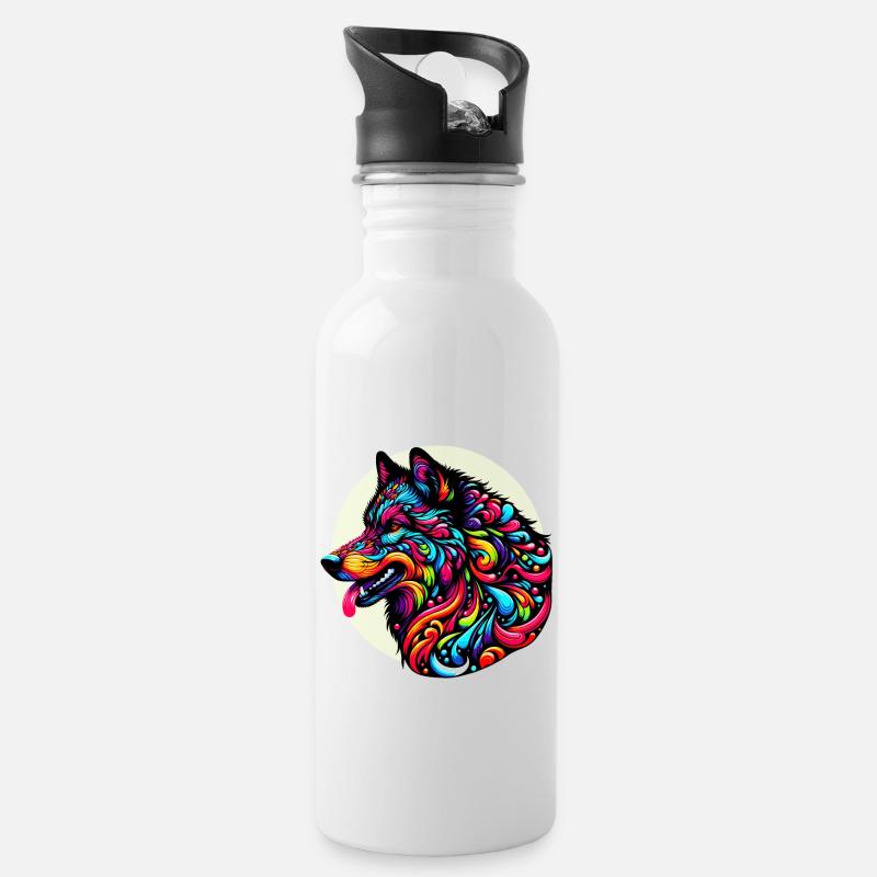 Wolf, Wolfskopf - Trinkflasche mit integriertem Trinkhalm - Weiß