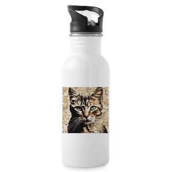 Katze aus Papier - Kunstvolles Katzenmotiv - Trinkflasche mit integriertem Trinkhalm - Weiß - Rechts