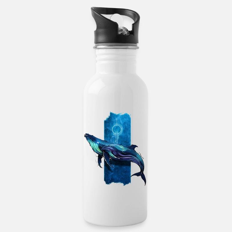 Ocean Majesty: Eleganter Blauwal - Trinkflasche mit integriertem Trinkhalm - Weiß