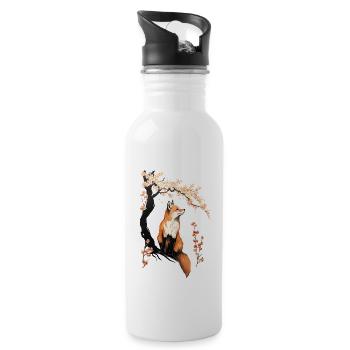 Fox & Sakura: Wildtiere Und Frühlingslandschaft - Trinkflasche mit integriertem Trinkhalm - Weiß - Rechts